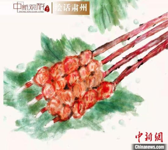 圖為酒泉美食“紅柳烤肉”繪畫作品?！《排d彥 攝