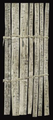 漢簡(jiǎn)《康居王使者冊(cè)》。此簡(jiǎn)記載了西域康居國(guó)使者前來(lái)“進(jìn)貢”駱駝，抵達(dá)敦煌遇到不公后反映問(wèn)題，朝廷受理解決的經(jīng)過(guò)。新華社發(fā)（甘肅簡(jiǎn)牘博物館供圖）